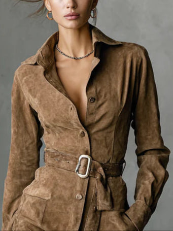 Carol | Long Sleeve Midi Dress with Lapel and Simple Button Closure